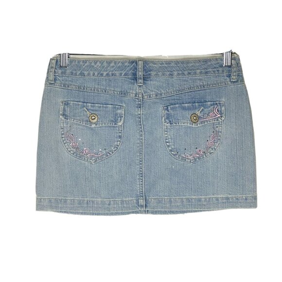 SO Blue Denim Mini Jean Skirt 7 Embroidery Embellished - Picture 2 of 3